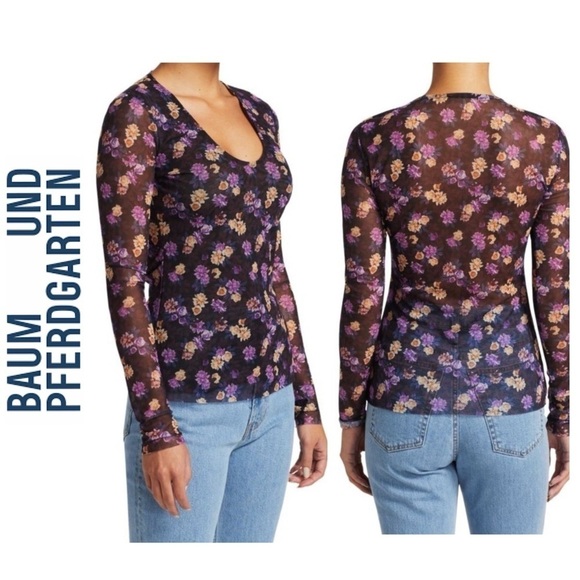 BAUM UND PFERDGARTEN Jenilyn Floral Mesh Top long sleeve, purple, size S NWT - Picture 3 of 15